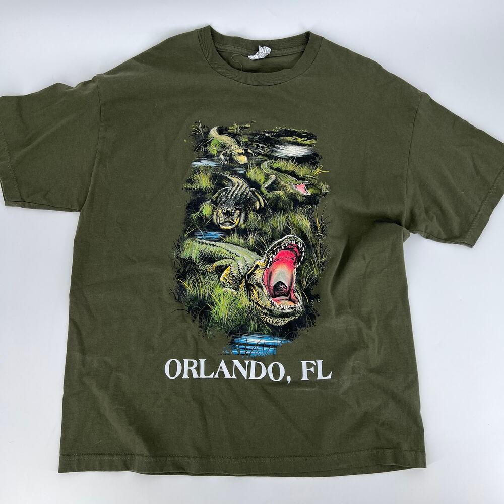 Mens VTG Alstyle Orlando Florida Army Green Alligator Tourist Souvenir Shirt XL